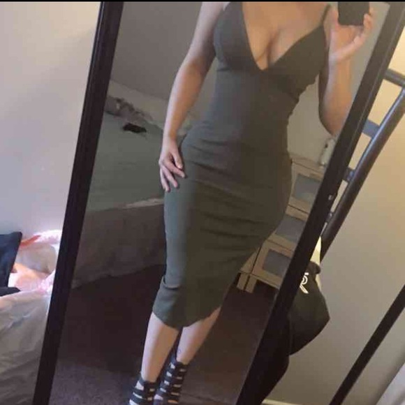 Glare Dresses & Skirts - Glare Olive bodycon slit back midi dress